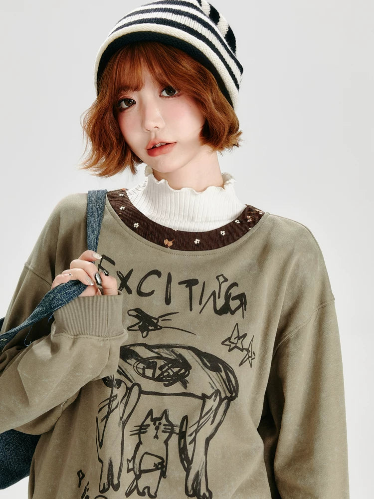 Girlyhalo Retro Crew Neck Graffiti Printingsweatshirt