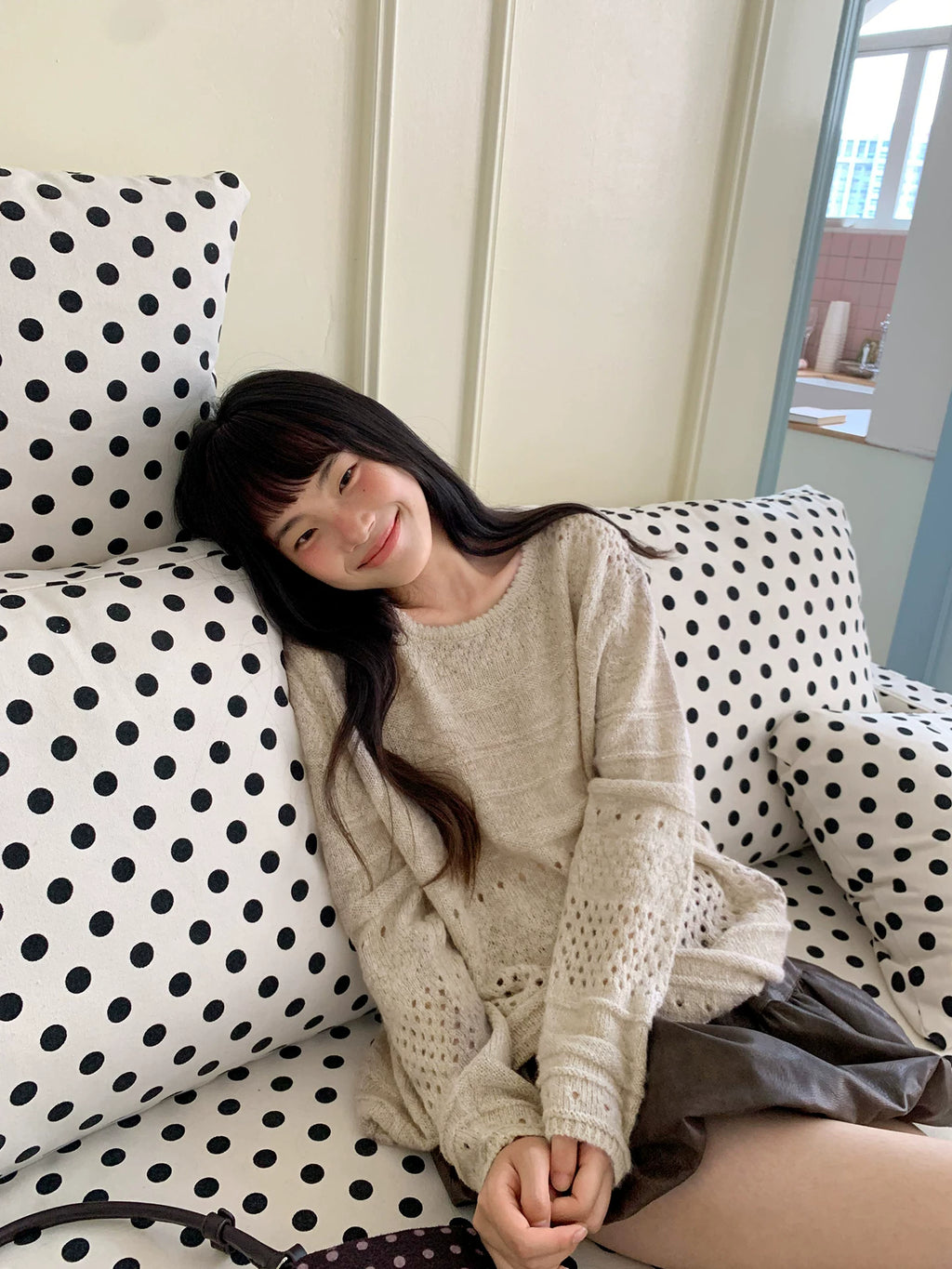 KANO Crew Neck Hollow Knit Oversized Sweater