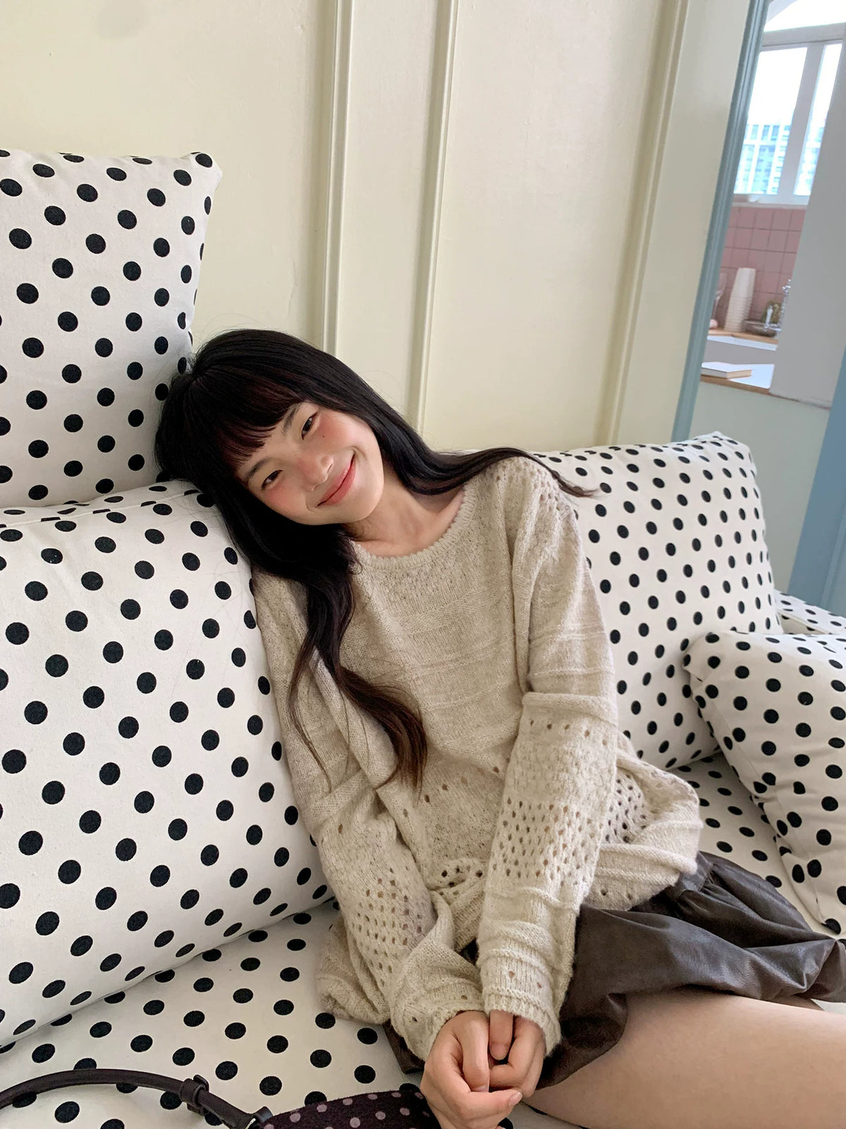 KANO Crew Neck Hollow Knit Oversized Sweater