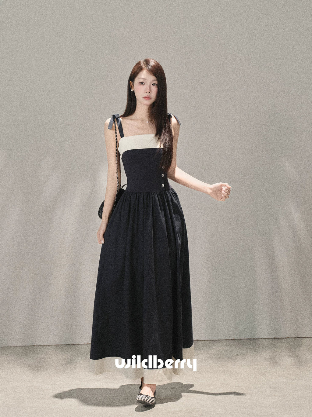 Wildberry Korean Style Strappy Dress with Patchwork Design High-Waist Long Dress