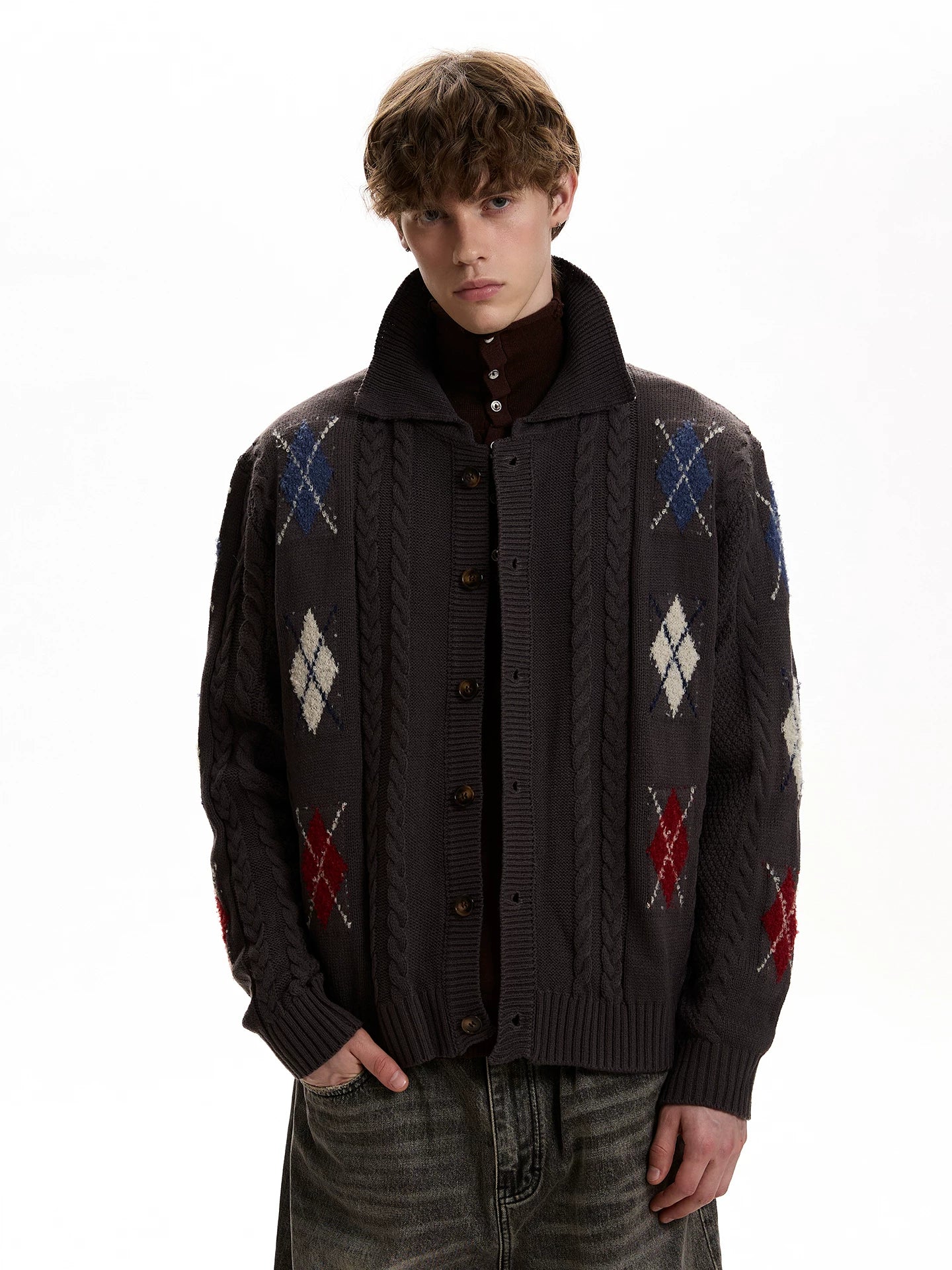 A PUEE Vintage Twist Rhombus Knitted Cardigan Sweater