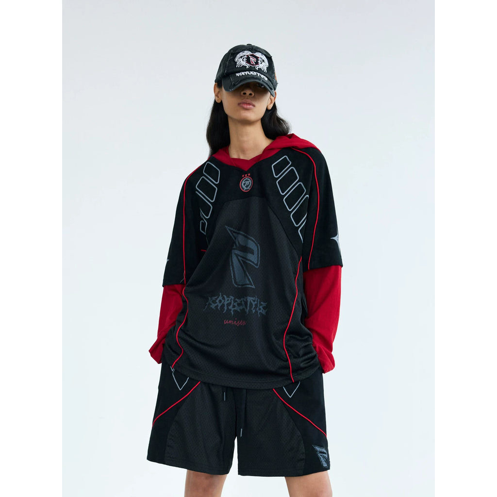 PEOPLESENSE Racing Color-Block Quick-Dry Loose Hooded Long-Sleeve Tee