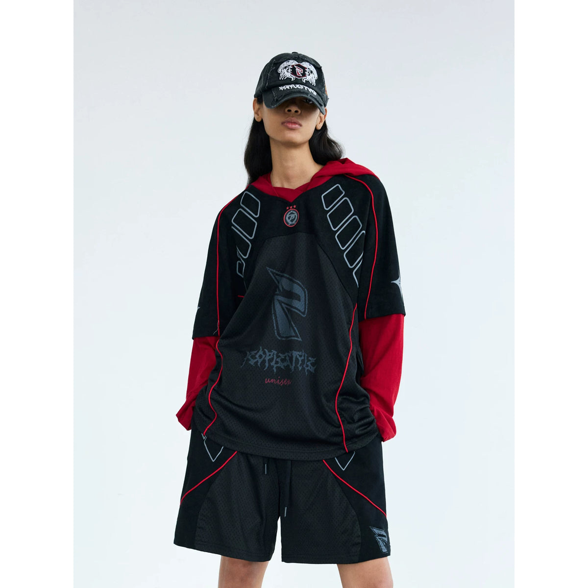PEOPLESENSE Racing Color-Block Quick-Dry Loose Hooded Long-Sleeve Tee