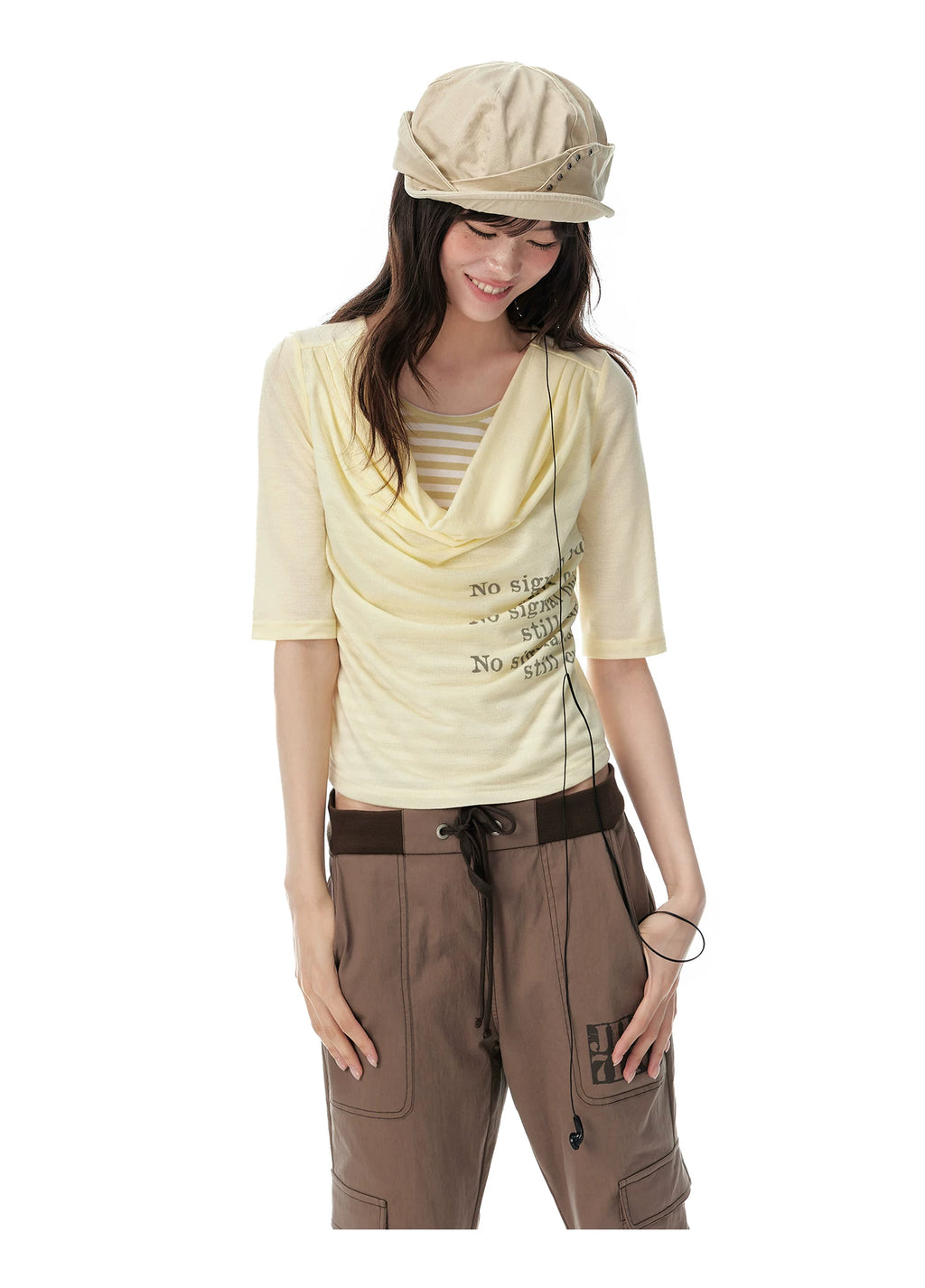 JIKOO Fake Two-piece Striped Splicing Slim Tee