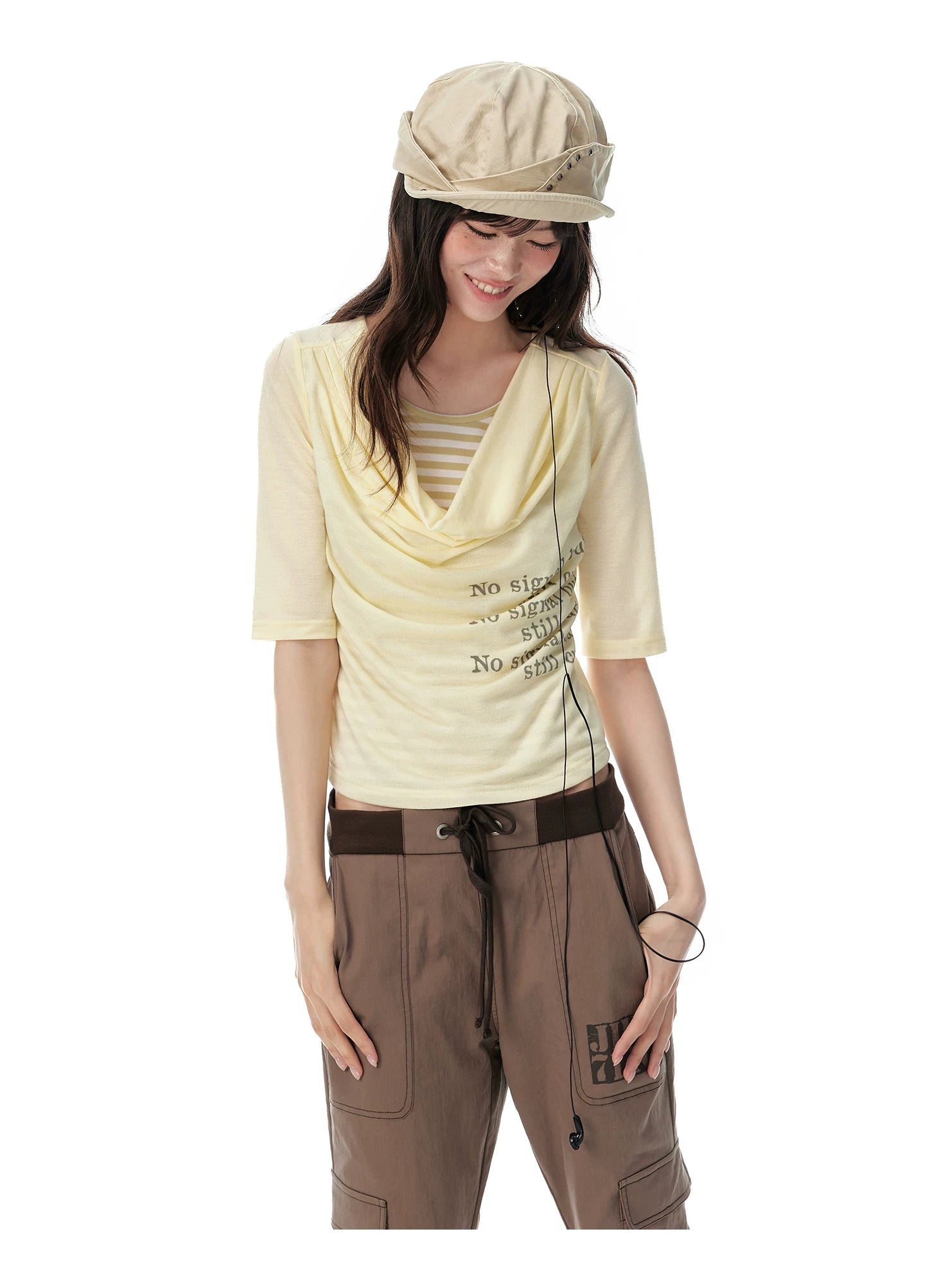 JIKOO Fake Two-piece Striped Splicing Slim Tee