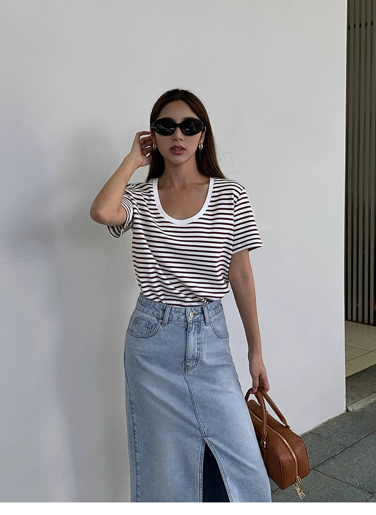 NEVA HU Striped U-neck Versatile Casual Tee