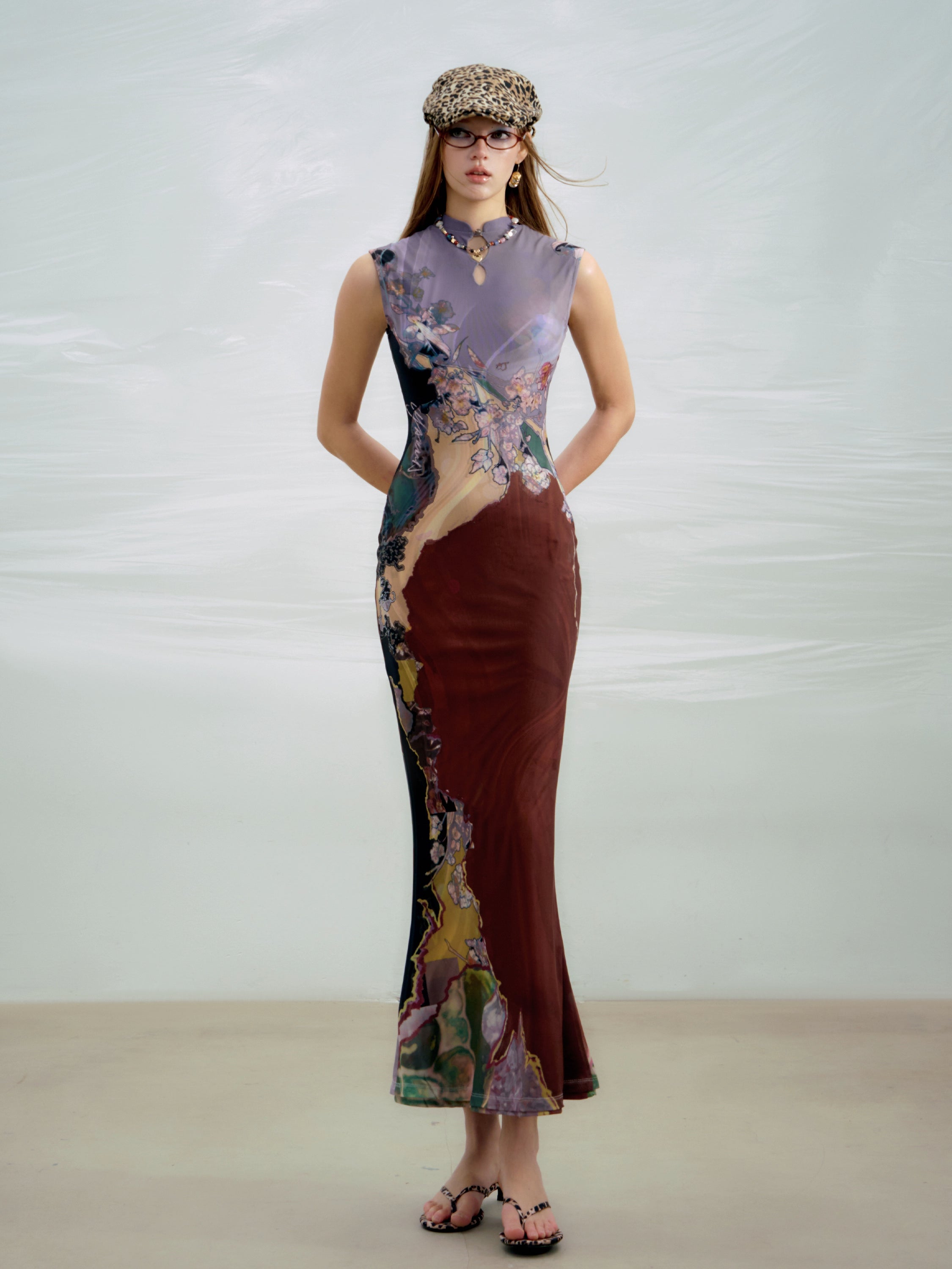 OfAkiva Contrasting Color Print Cheongsam Dress