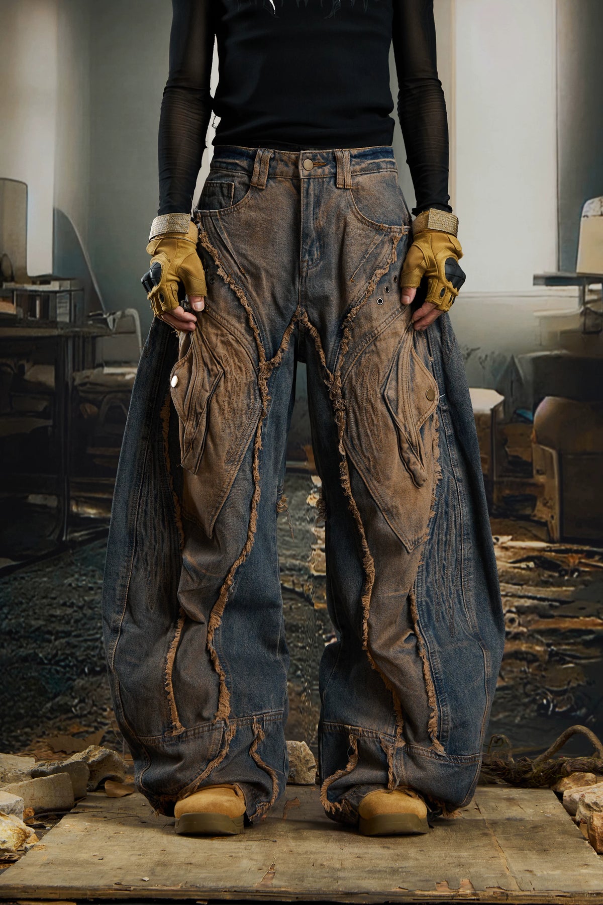 NOMANIAI Deconstructed Raw-Edge Loose Straight-Leg Jeans