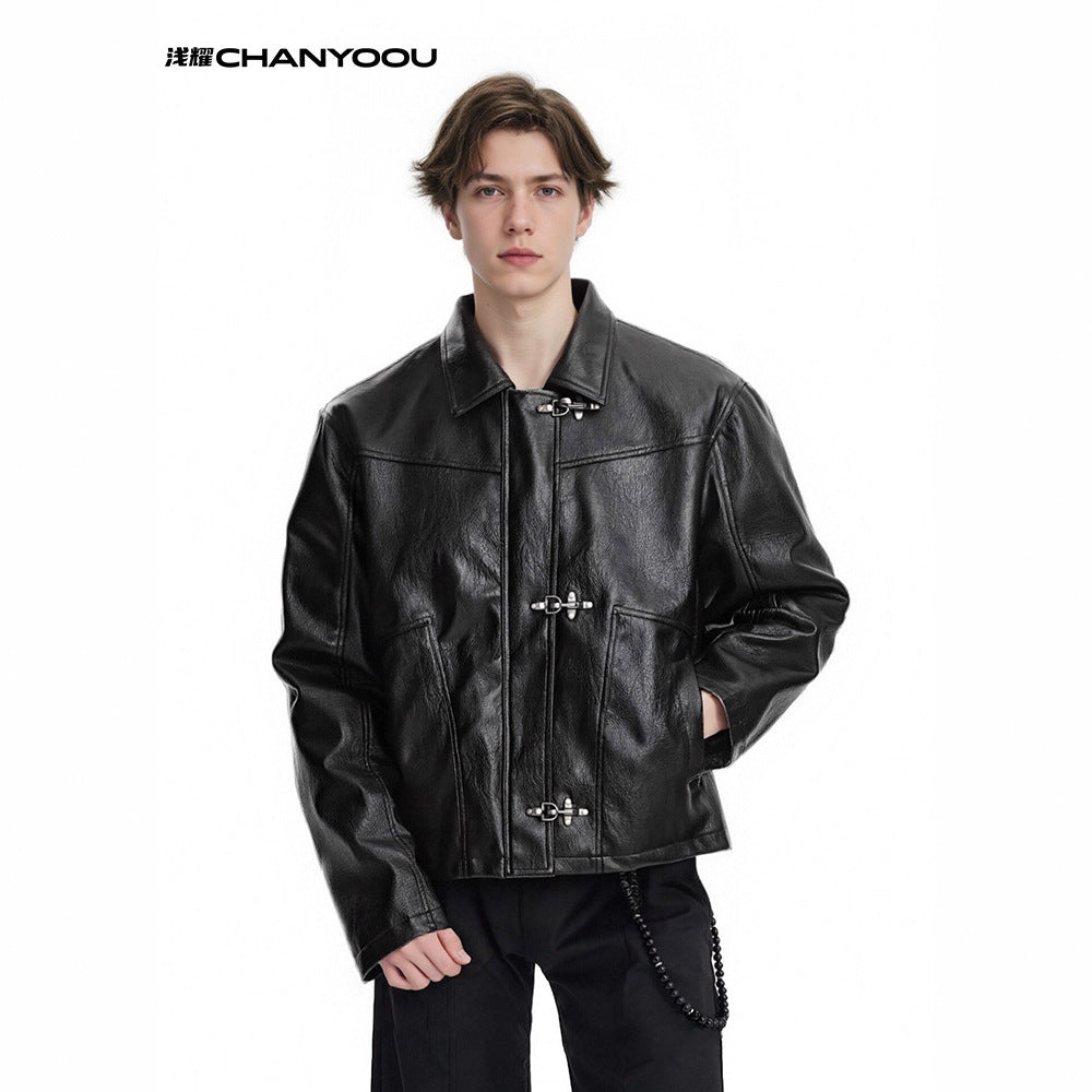CHANYOOU Retro Short Front Shoulder Leather Jacket