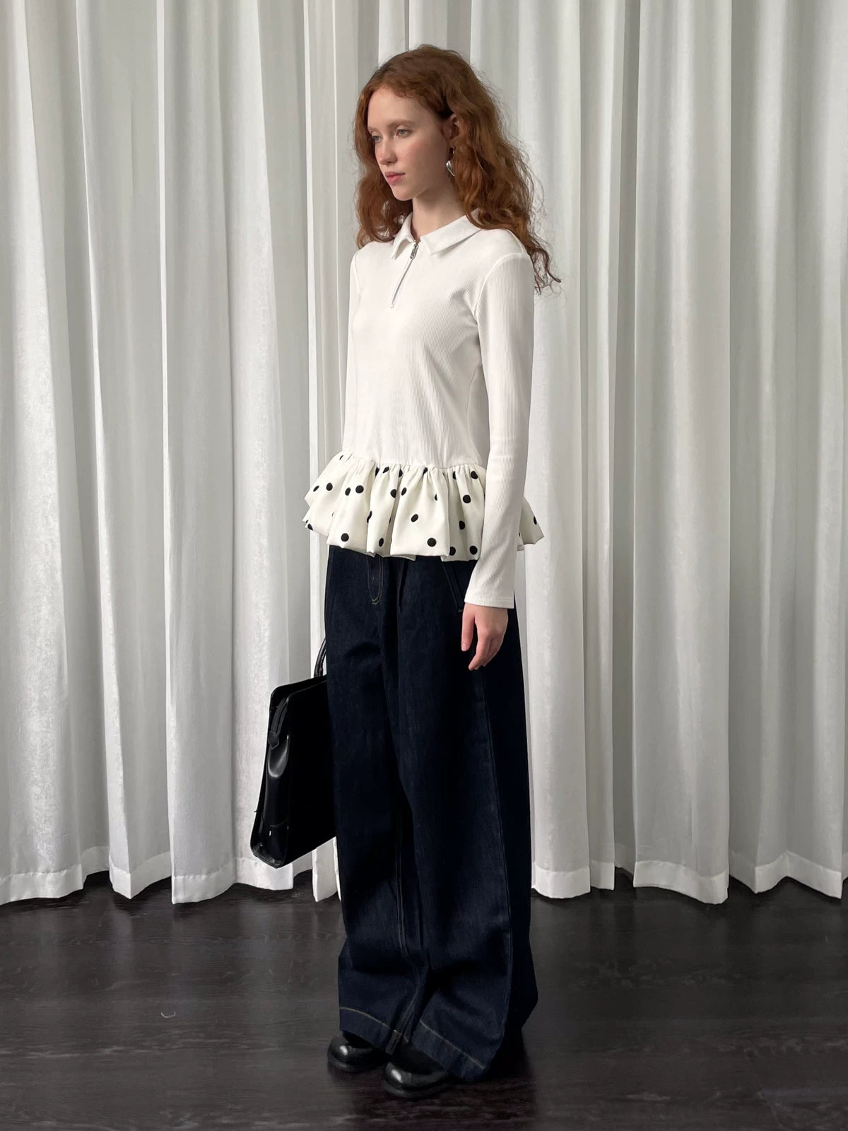 Loosesmell Slim Stitching Polka Dot Bud Hem Long Sleeve