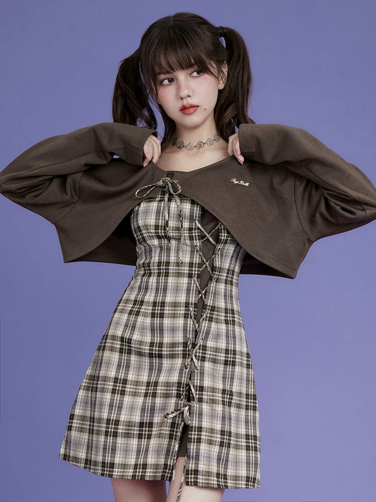SagiDolls Girl Power Brown Plaid Camisole & Cardigan Two-Piece Set