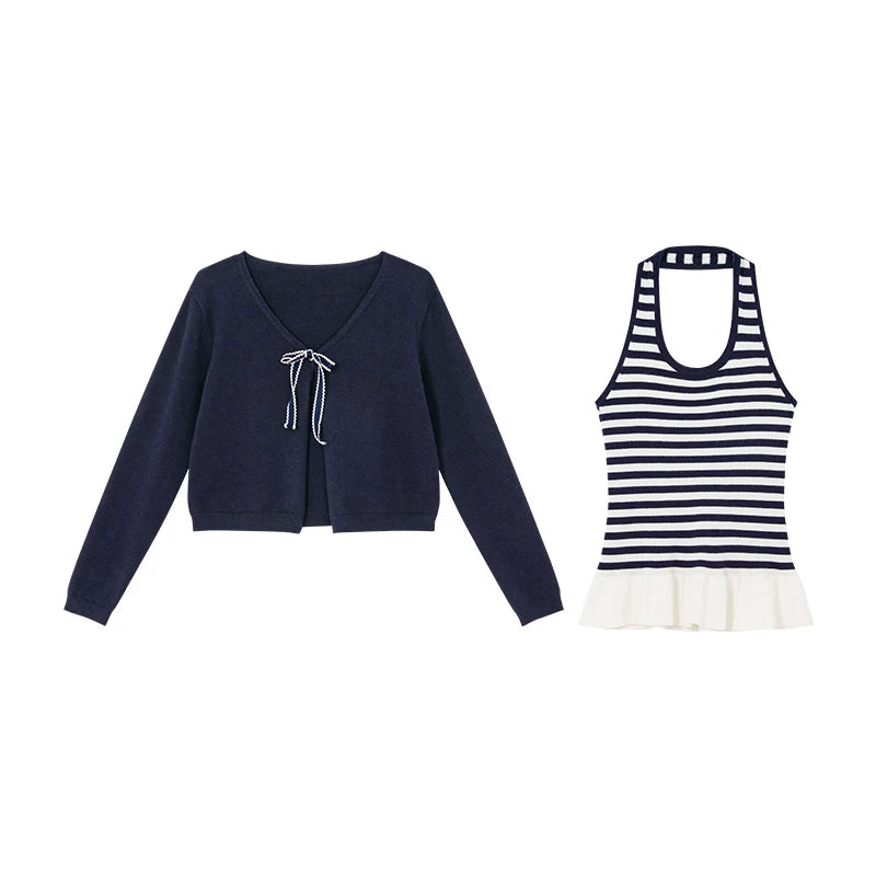 KANO Striped Halter Knit Cardigan Set