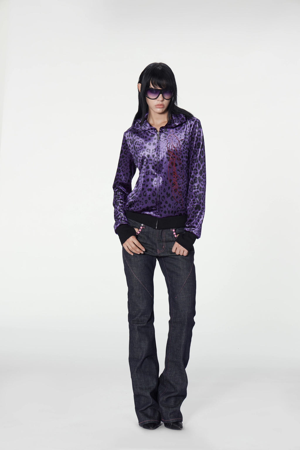 no E mosen Velvet Leopard Rhinestone Slim Fit Hoodie