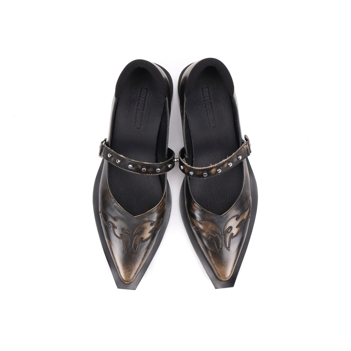 ASTHER Burnished Leather Studded Pointed-Toe Mary Jane