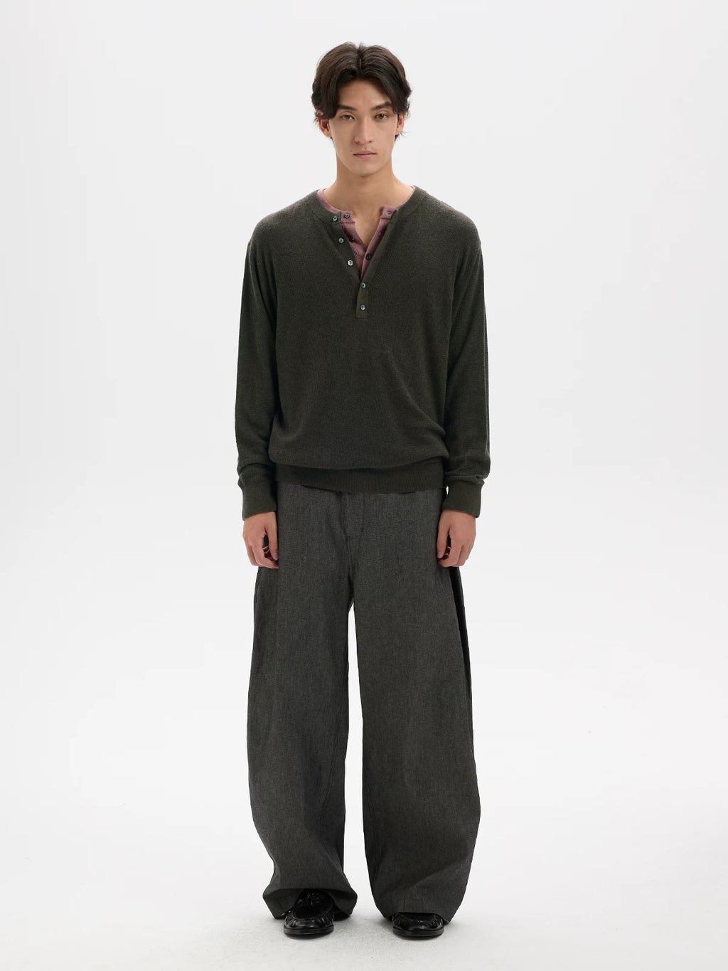 BUTTBILL Henley Shell-Button Loose Knit Sweater