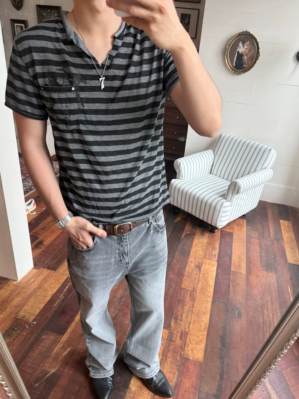 TREclub Vintage Millennium Tencel Cotton Light Black V-Neck Striped T-Shirt