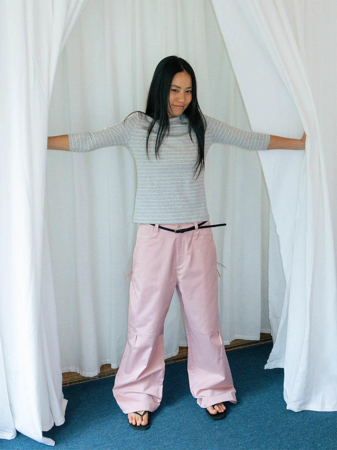 FUNKYFUN Stretch Pinstriped Front Shoulder Tee