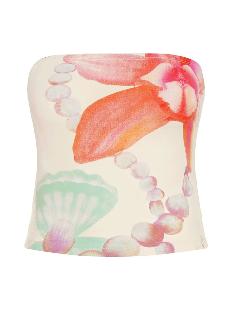 FUNOFF Vintage Floral Print Dew Collarbone Waist Tube Top