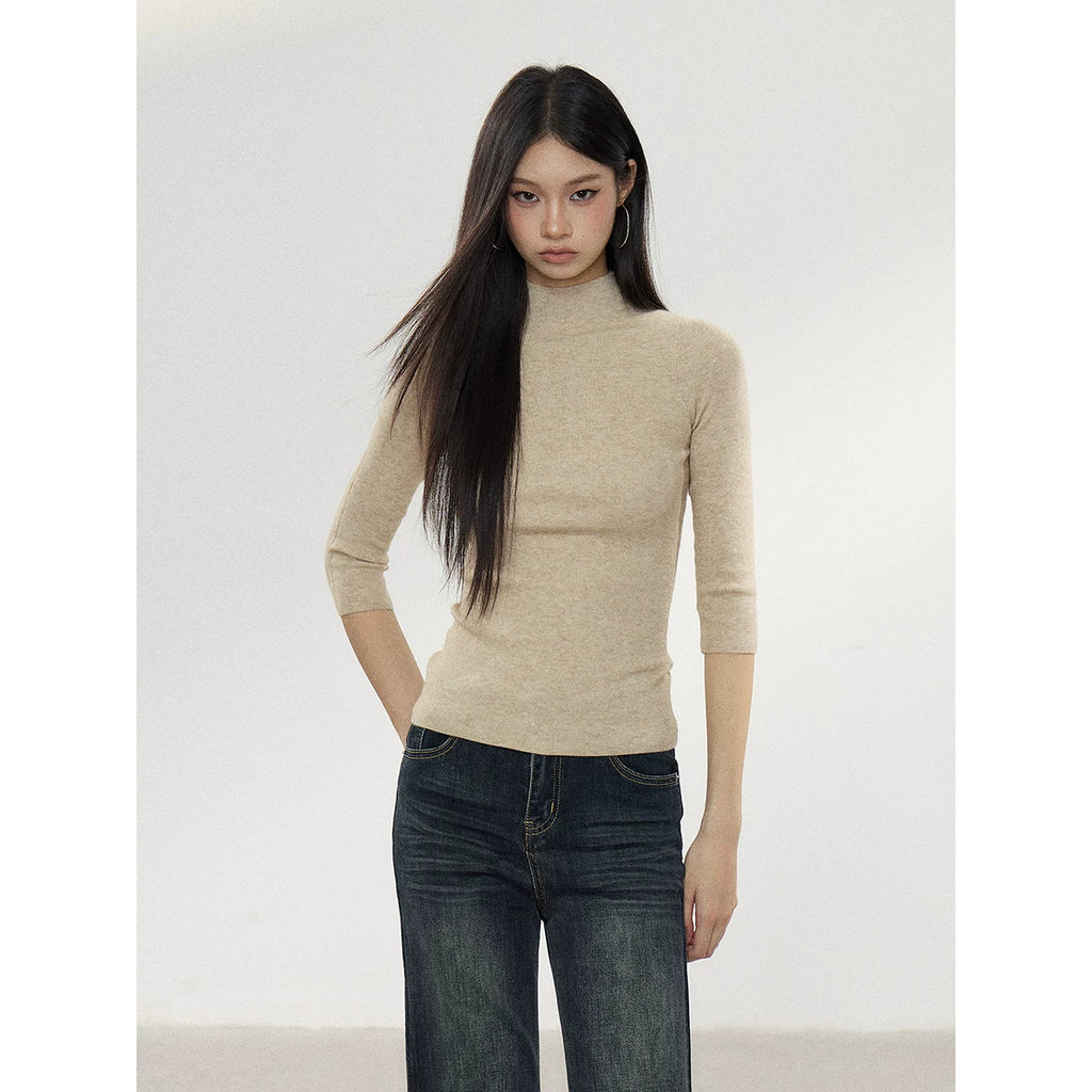 WITHMIN Solid Color Half-Turtleneck 3D Print Pullover Top