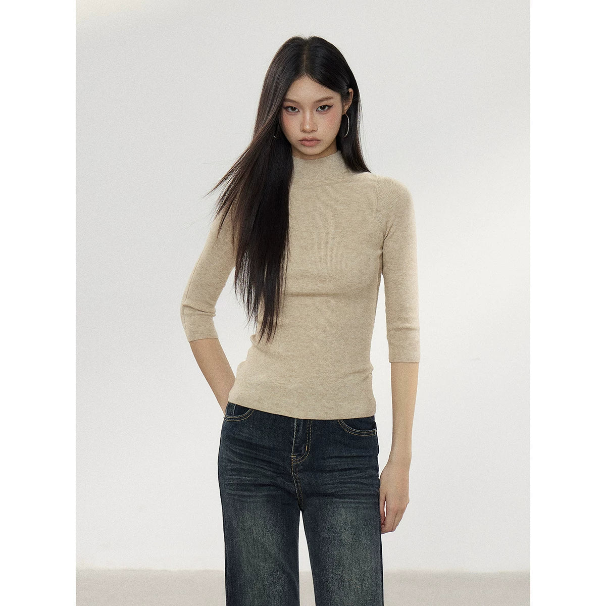 WITHMIN Solid Color Half-Turtleneck 3D Print Pullover Top
