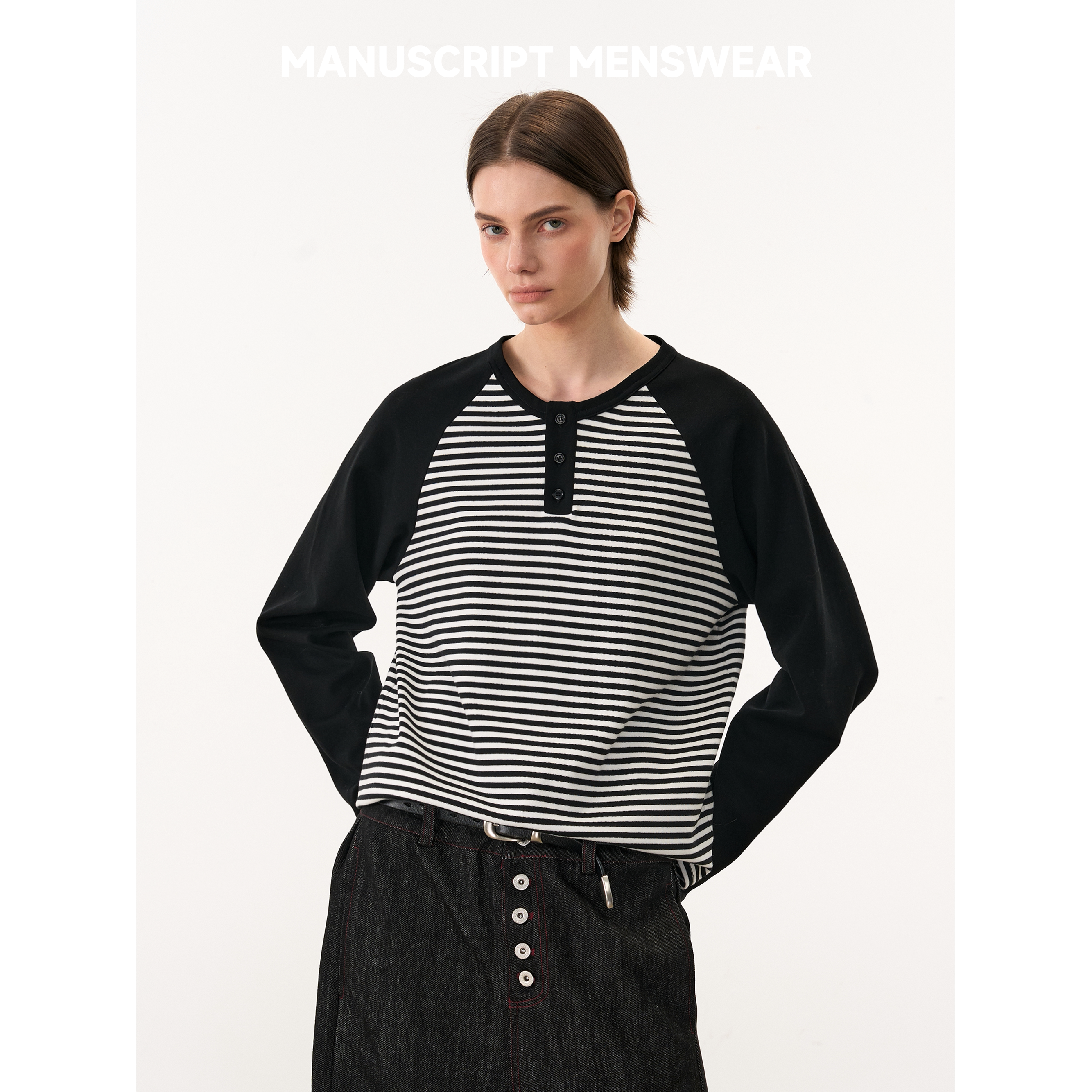 MANUSCRIPT Color Matching Striped Shoulder Sleeve Casual Long Sleeve