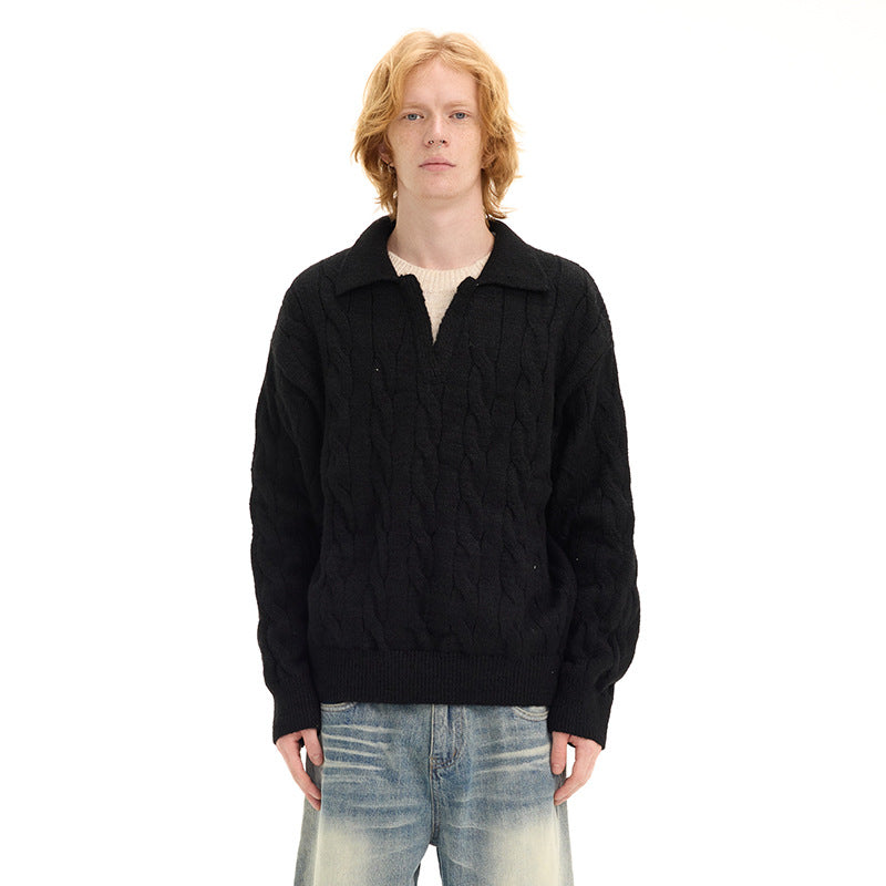 UNF Heavyweight Boxy Anti-Static Cable-Knit Polo Sweater