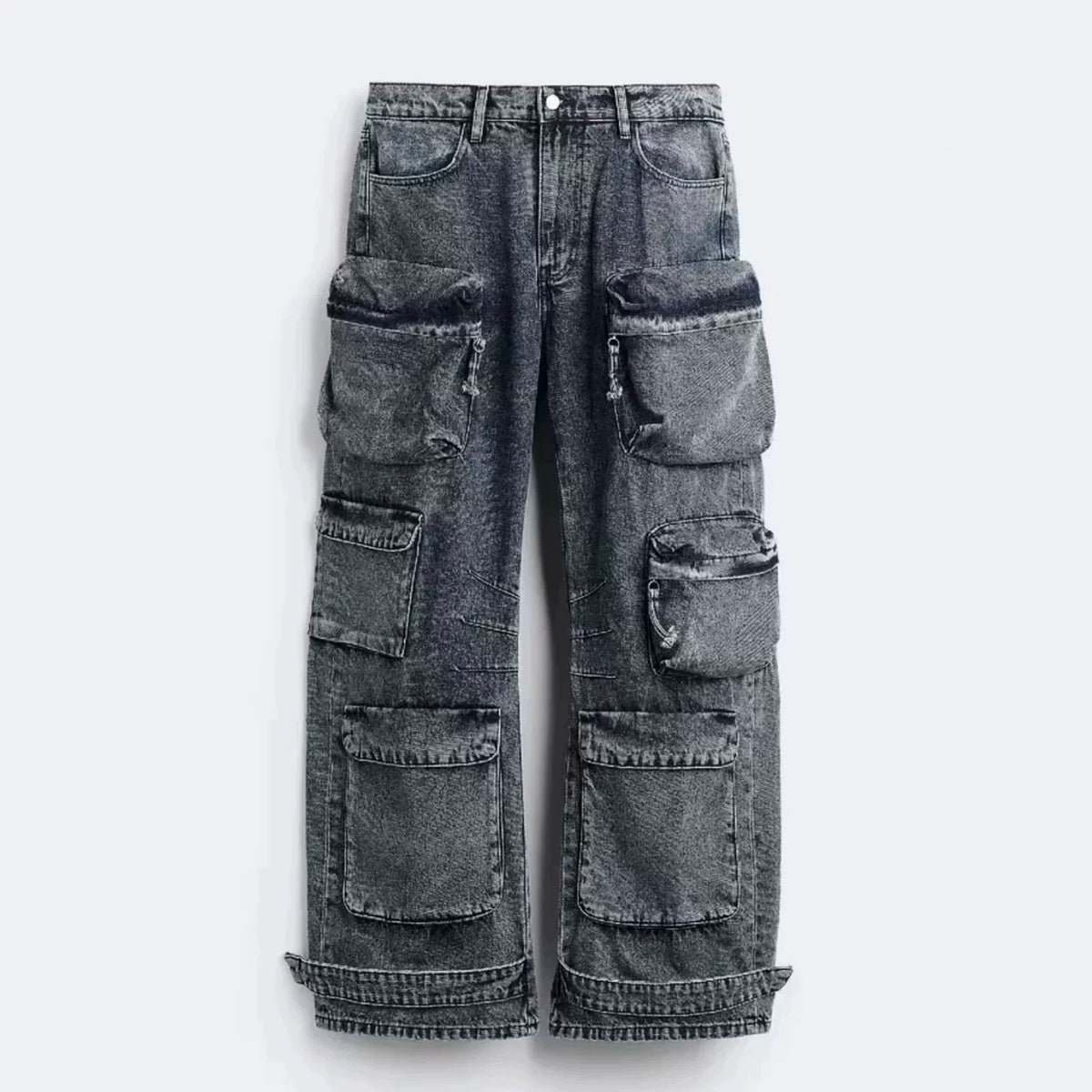 Light Weight Washed Cargo Pocket Wide-Leg Jeans
