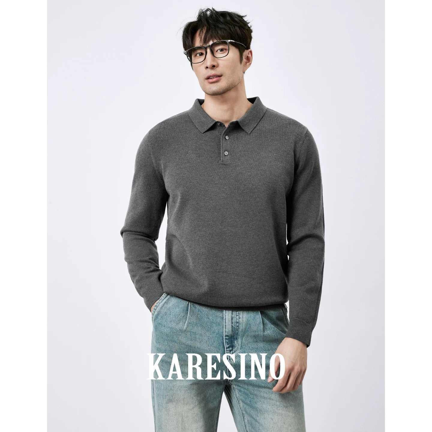 KARESINO Lyocell Wool, Lapel Polo Knitted Sweater