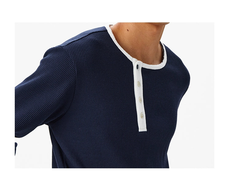 CryingCenter Waffle Diagonal Placket Two-color Button Round Neck Long Sleeve