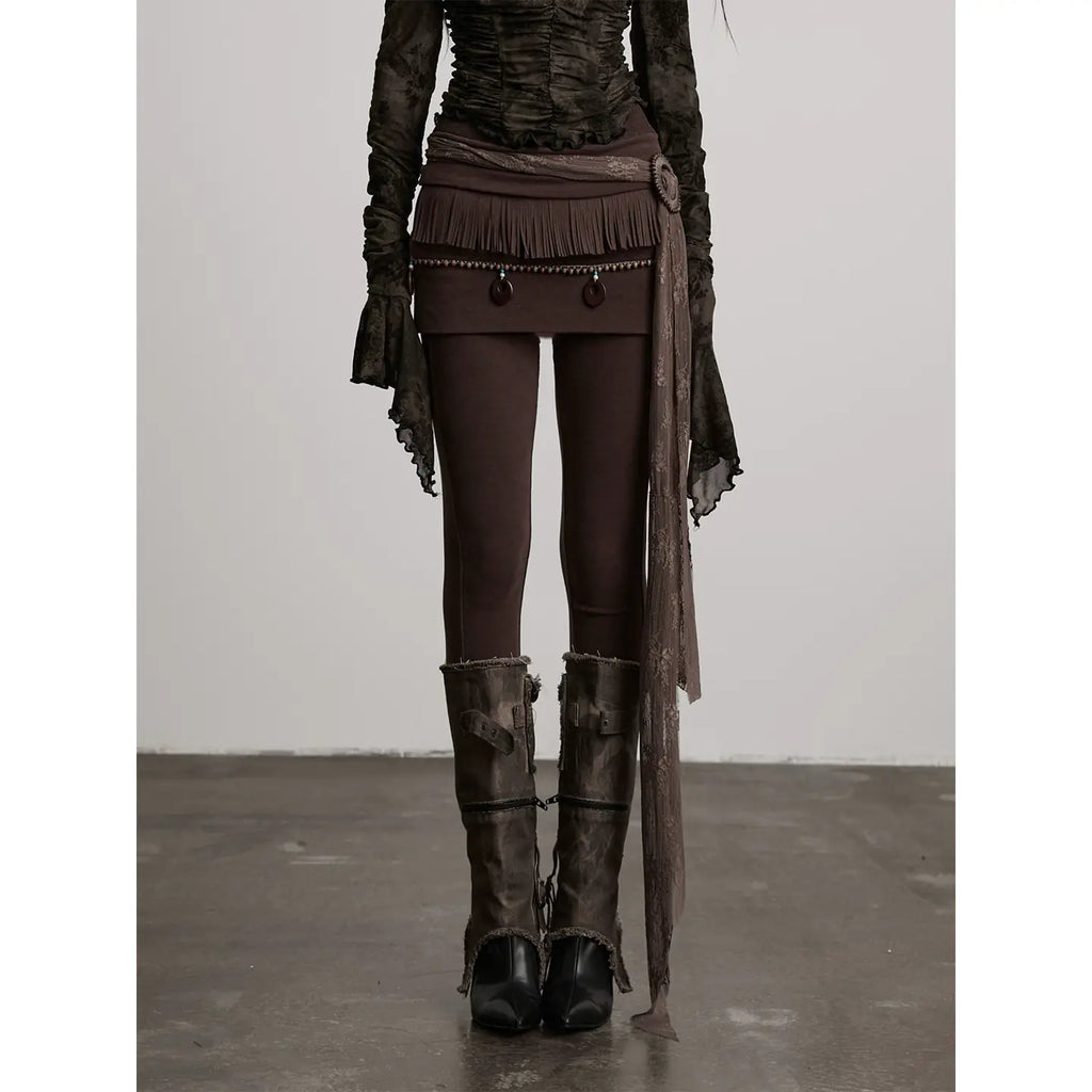 INDULGE Dragon Tassel Faux-Layered Fleece-Lined Slim Leggings