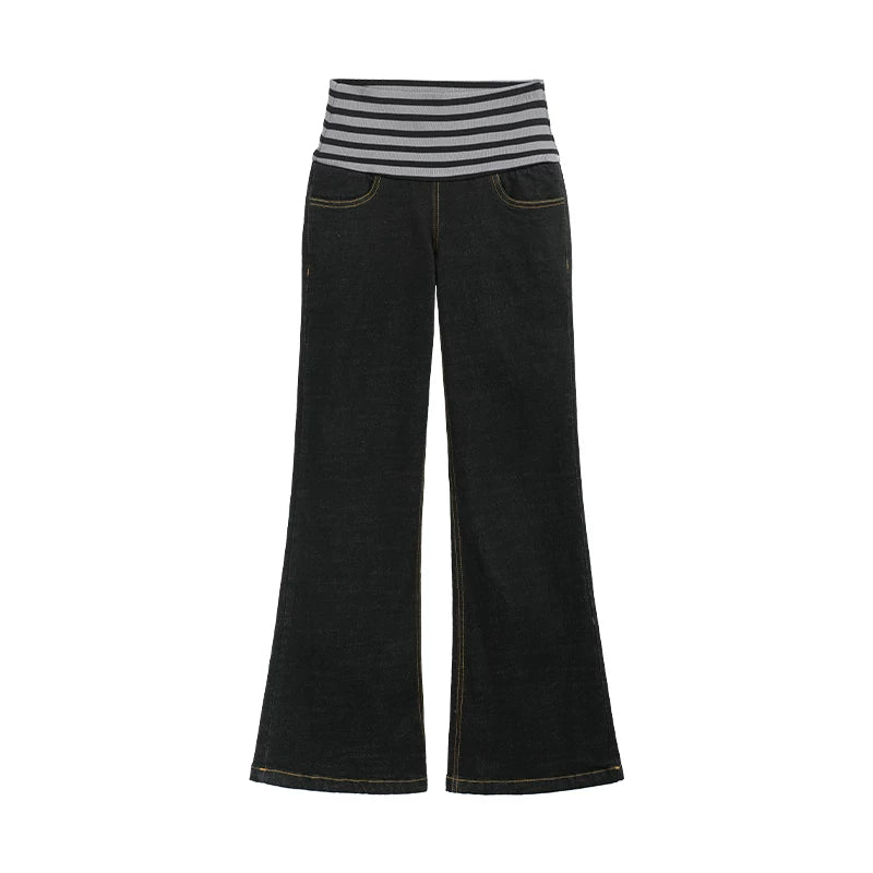 COSTUSTOOT Black High-Stretch Striped Slim Straight Flared Jeans