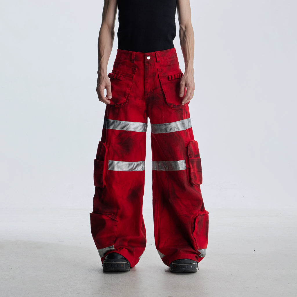 NOMANIAI Dirty-dyed Multi-pocket Workwear Wide-leg Jeans