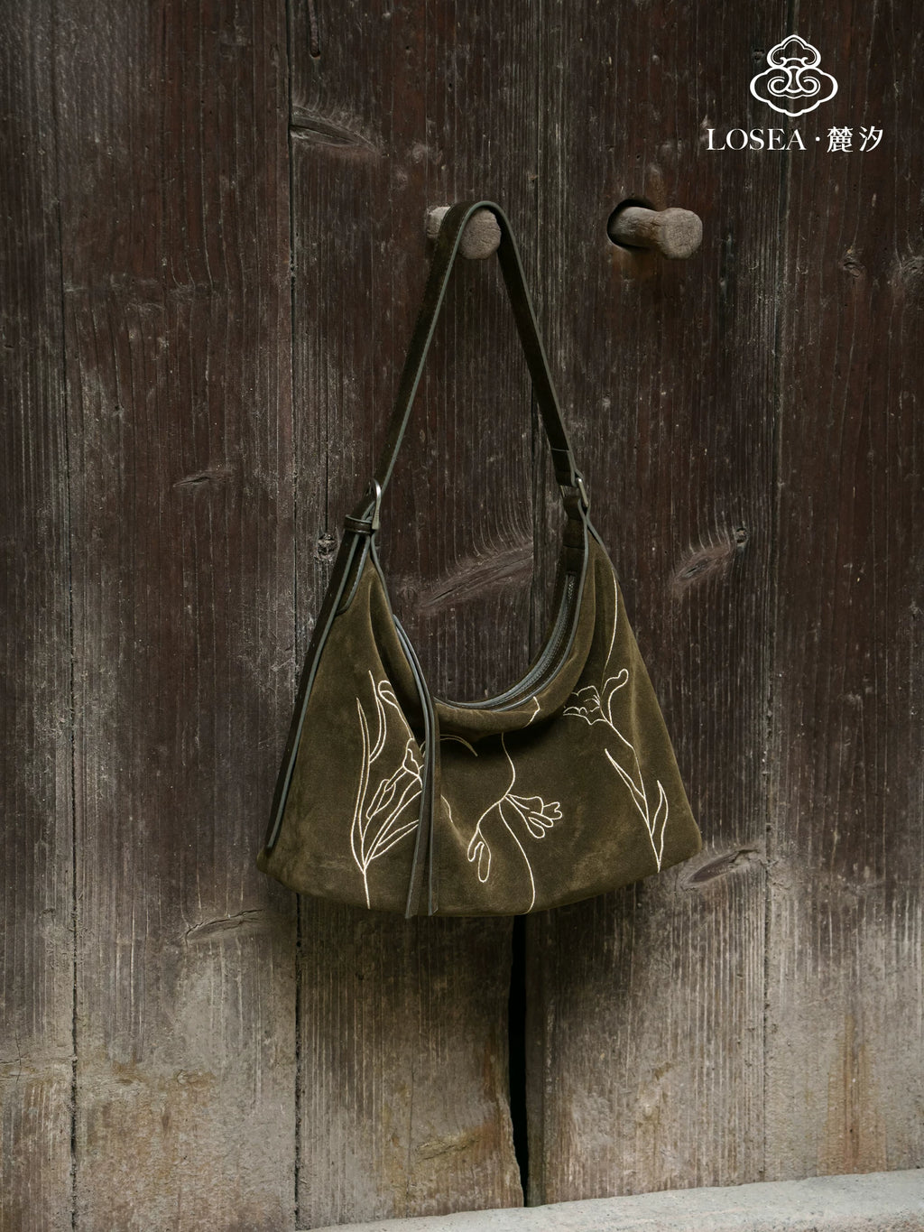LOSEA Purple Suede Embroidered Hobo Shoulder Bag - Zip-Top