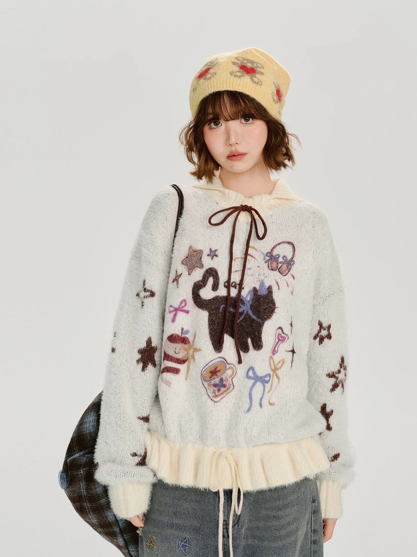 Girlyhalo Vintage Loose Cartoon Jacquard Color Combining Sweater