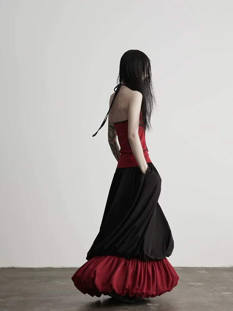 INDULGE Contrast Color Fake Two A-shaped Skirt