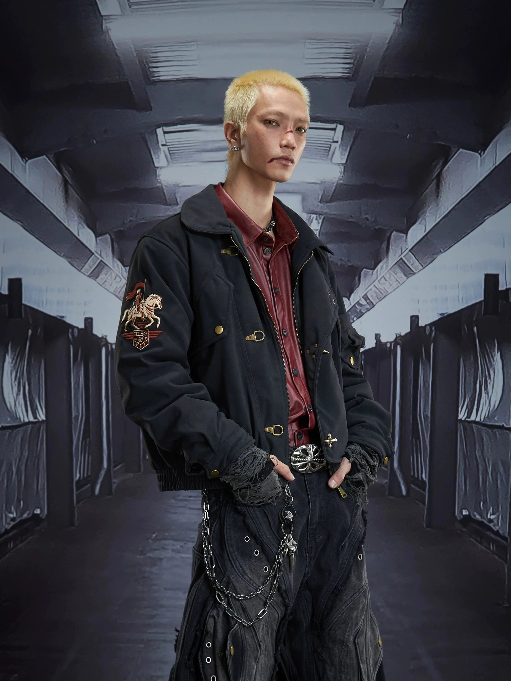 NOMANIAI Matte Textured PU Leather Embroidered Lapel Jacket