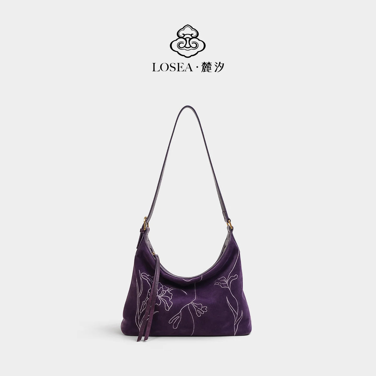 LOSEA Purple Suede Embroidered Hobo Shoulder Bag - Zip-Top