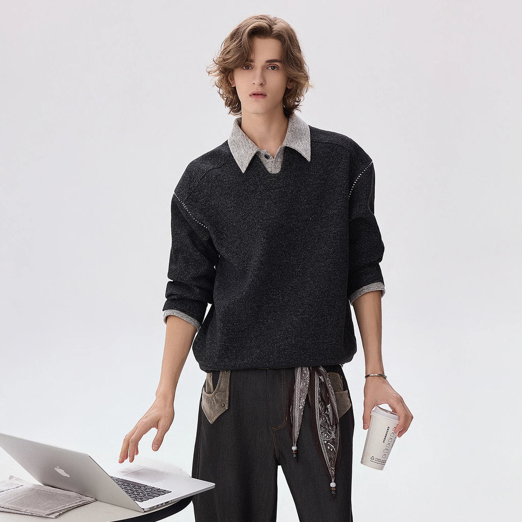 CHOR Color-Block Faux-Layered Collared Long-Sleeve Sweatshirt