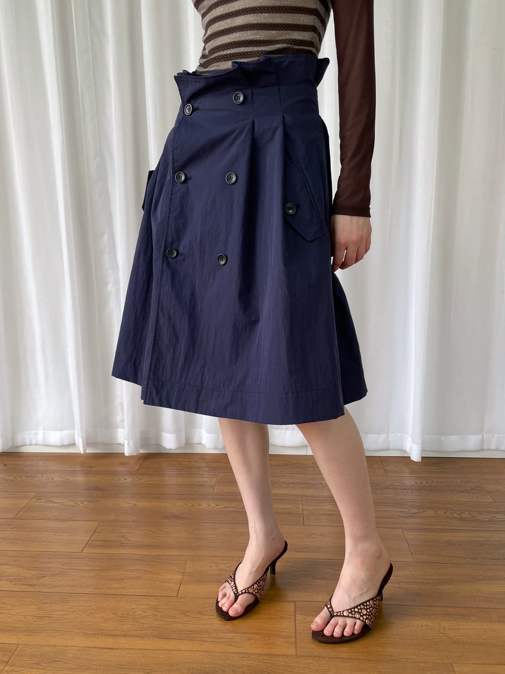 LooseSmell Detachable Panel Double-Breasted High-Waist A-Line Midi Skirt
