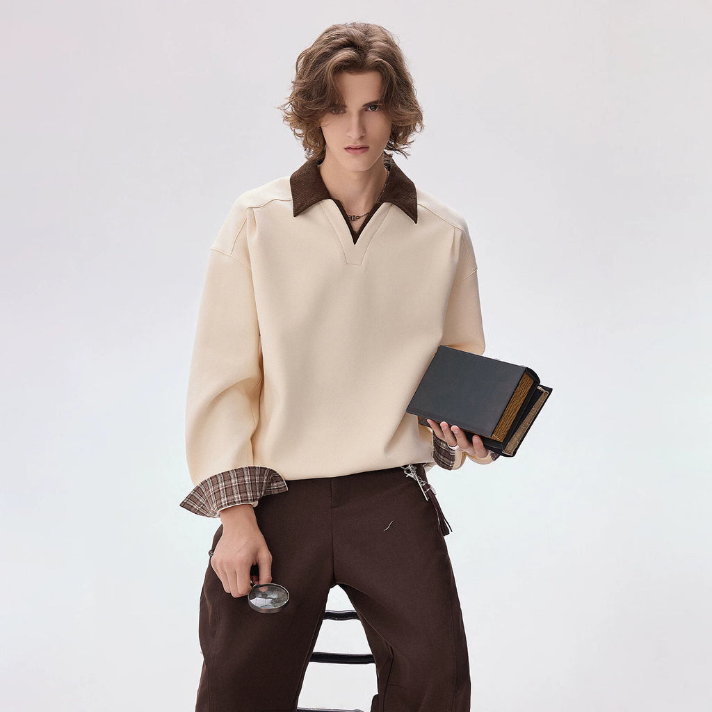 CHOR Two-Tone V-Neck Long-Sleeve Polo Sweatshirt