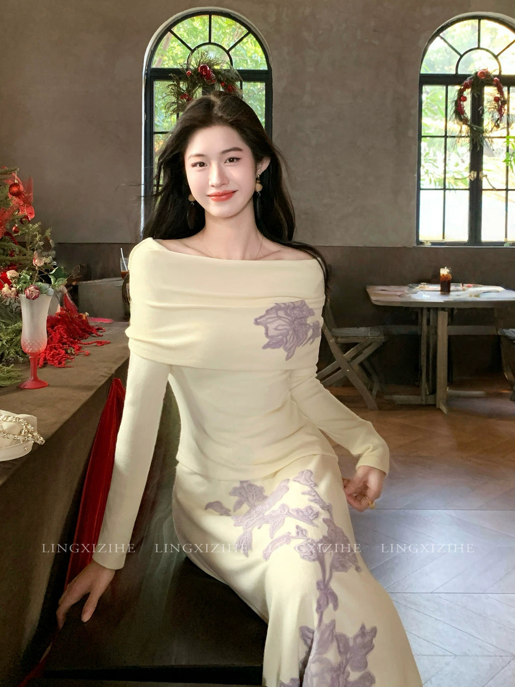 ZIHE One-word Shoulder Knitted Set