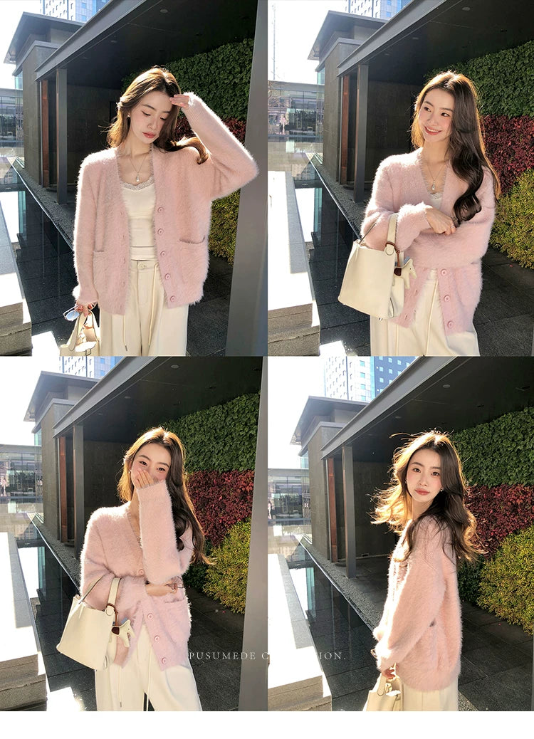 Pusumede  V-neck Loose Imitation Mink Cardigan