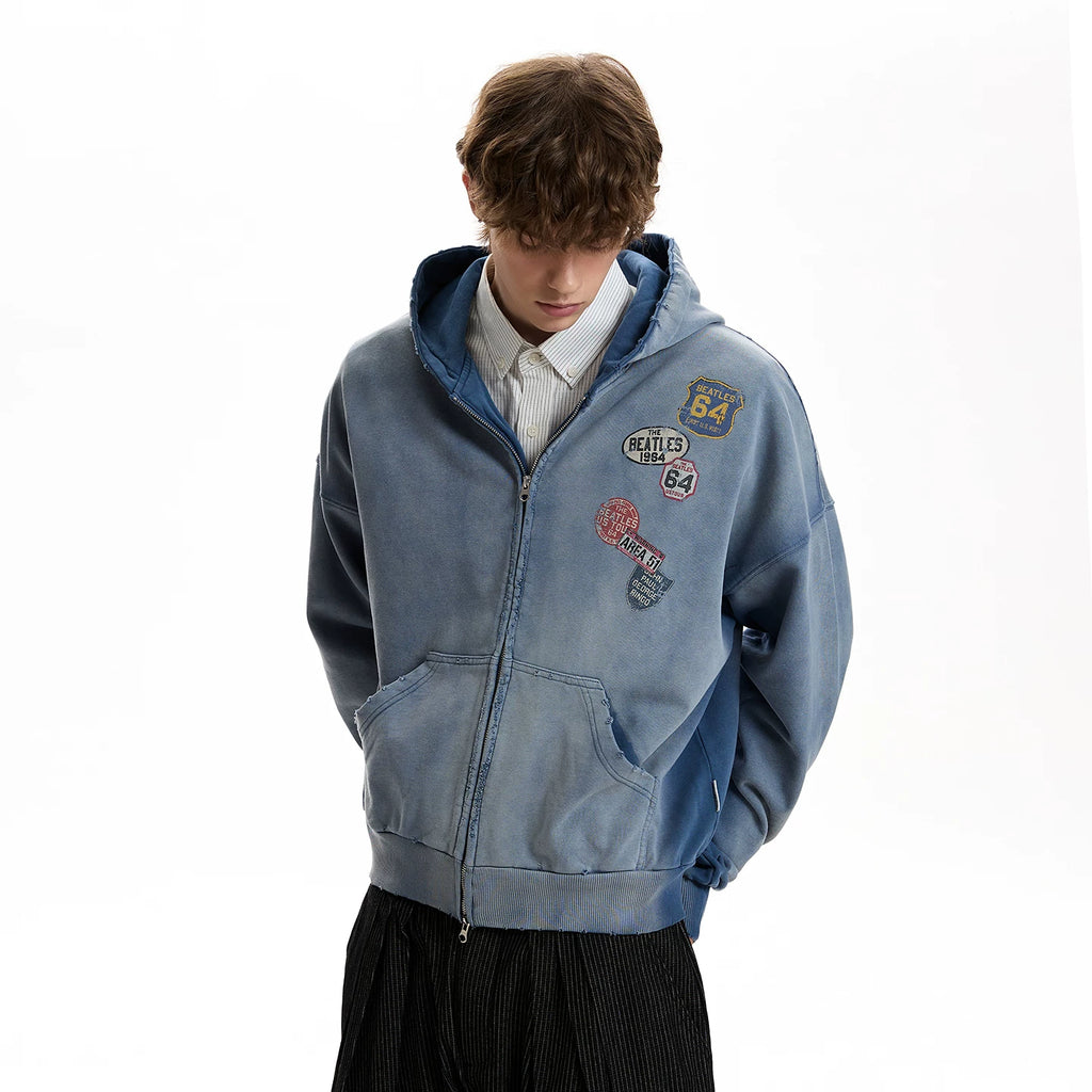 A PUEE Vintage Make Old Label Printed Hooded Sweater