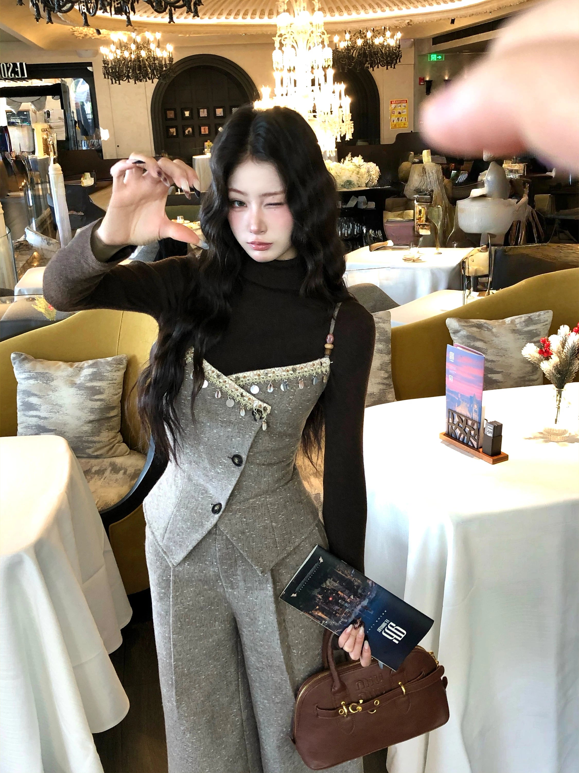 Barb Chill Lace Vest Suit Wide Leg Pants Suit