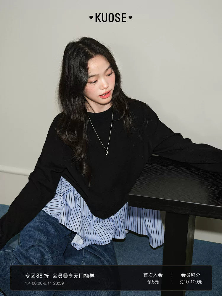 KUOSE Fake Two-piece Spliced Striped Sweater