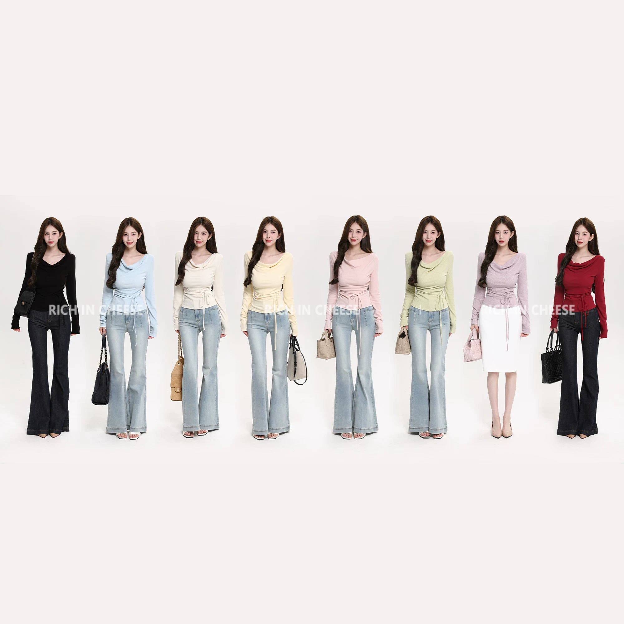 RICH IN CHEESE Waist Fold Temperament Swing Neck Long Sleeve