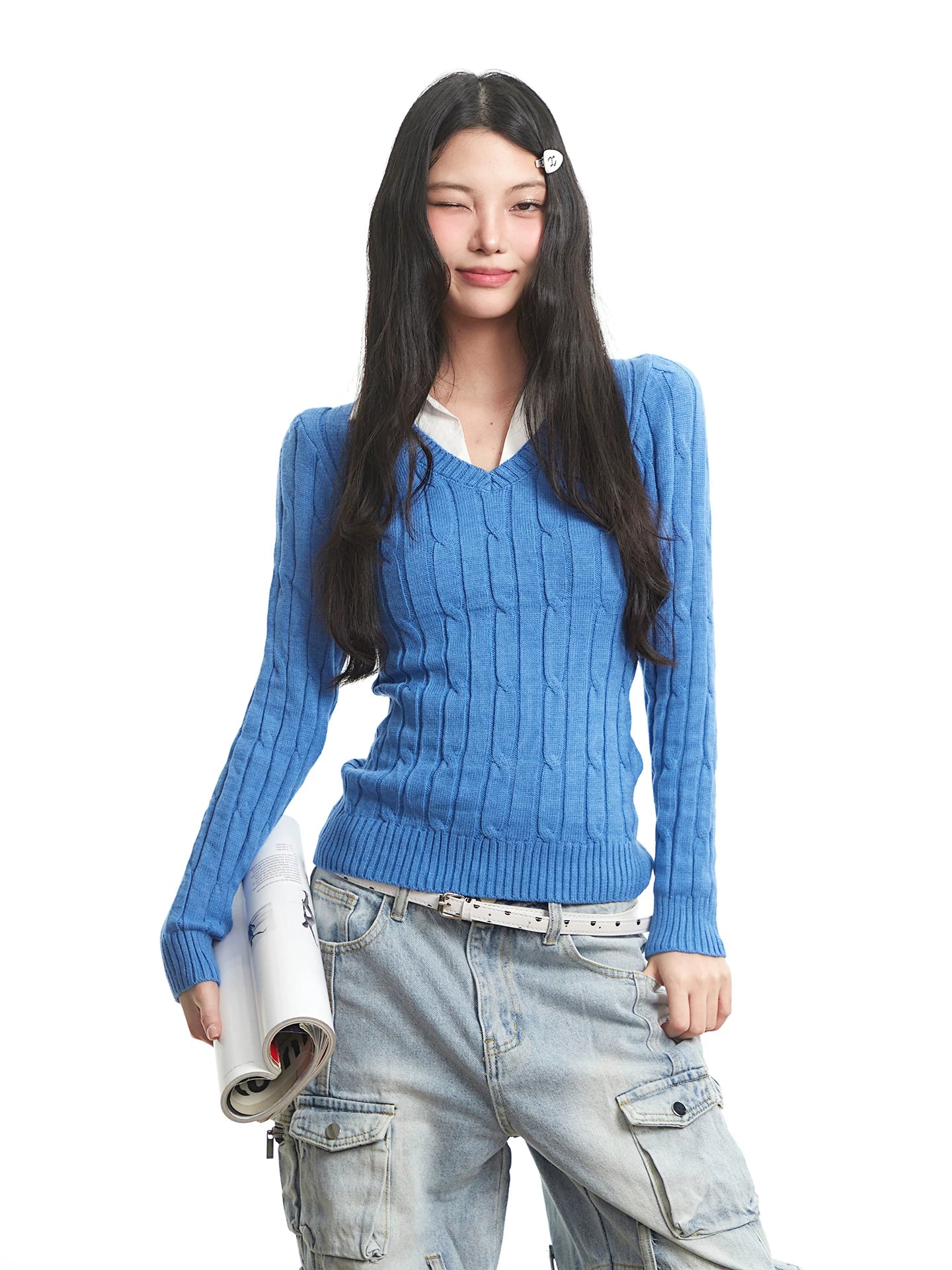 UNCMHISEX Fake Two-piece V-neck Slim-fitting and Thin Knitted Sweater