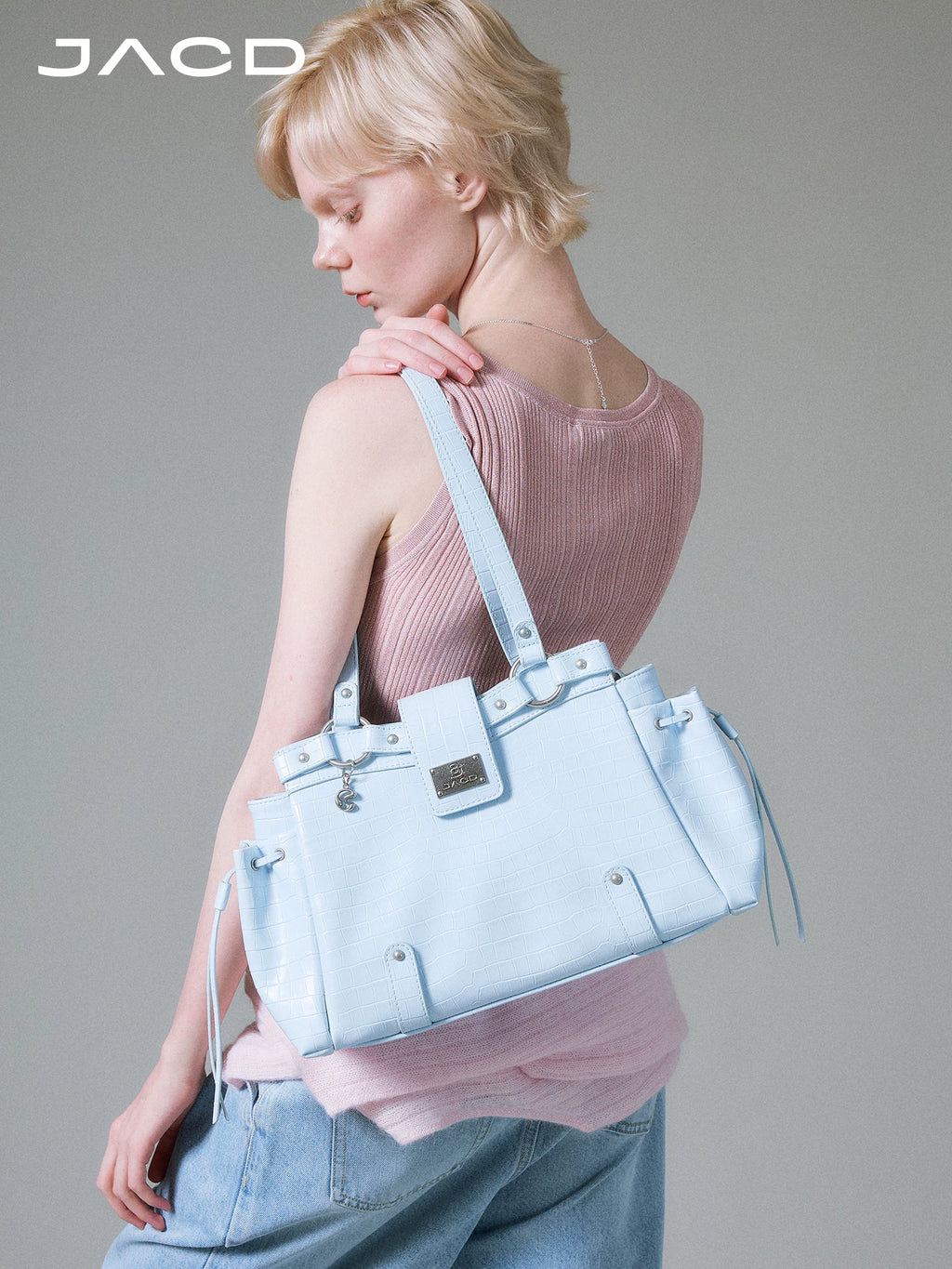 JACD Glacier Blue Faux Leather Croc-Embossed Zip-Top Shoulder Bag