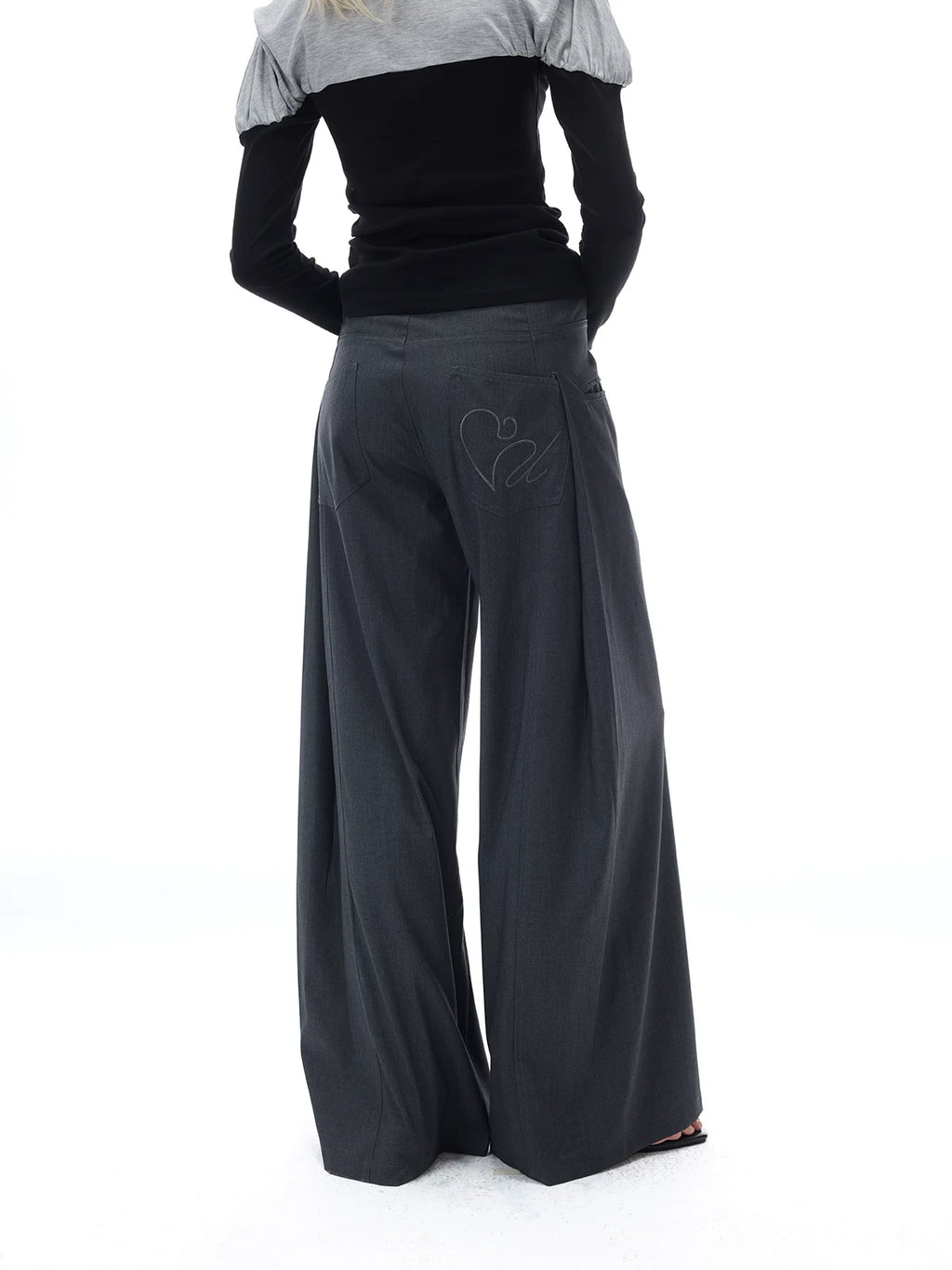 COSTUSTOOT Grey Pleated High-Waist Wide-Leg Trousers