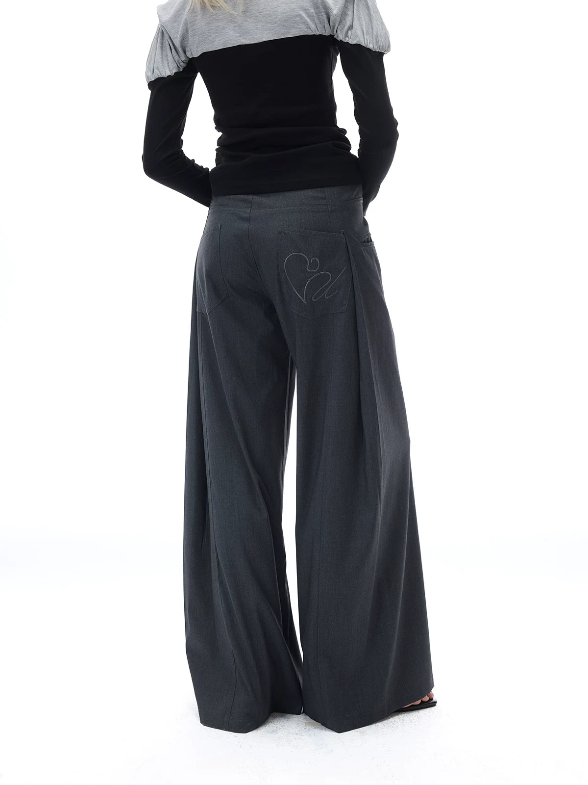 COSTUSTOOT Grey Pleated High-Waist Wide-Leg Trousers